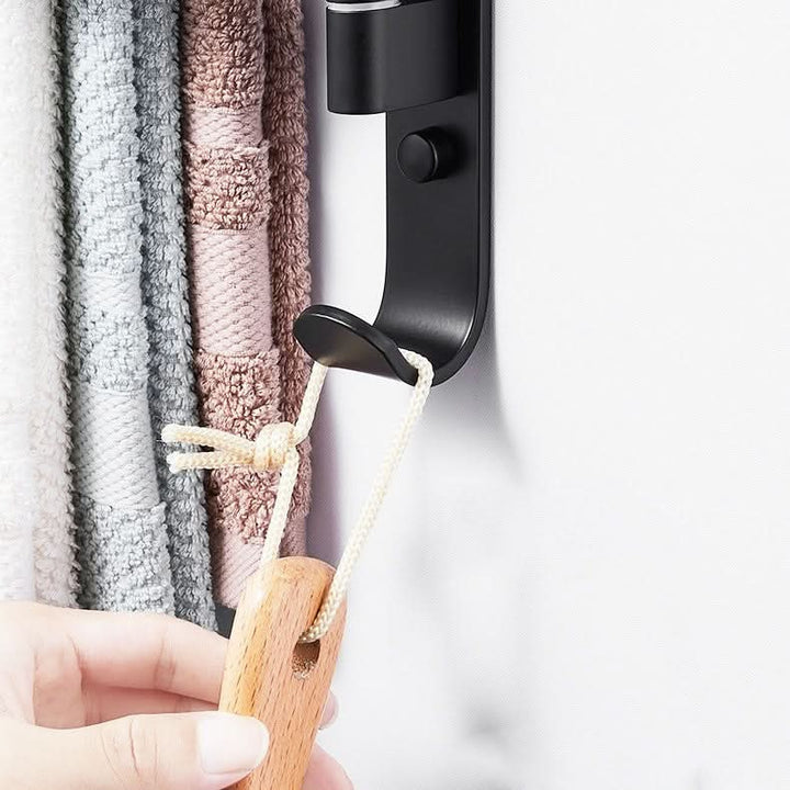 Easy-install wall mount 5-arm swivel towel bar in matte black. Stylish storage for modern bathroom decor.