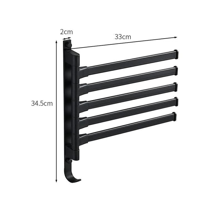 Elegant matte black 5-arm swivel towel bar. Perfect wall-mounted solution for bathroom organization & decor.