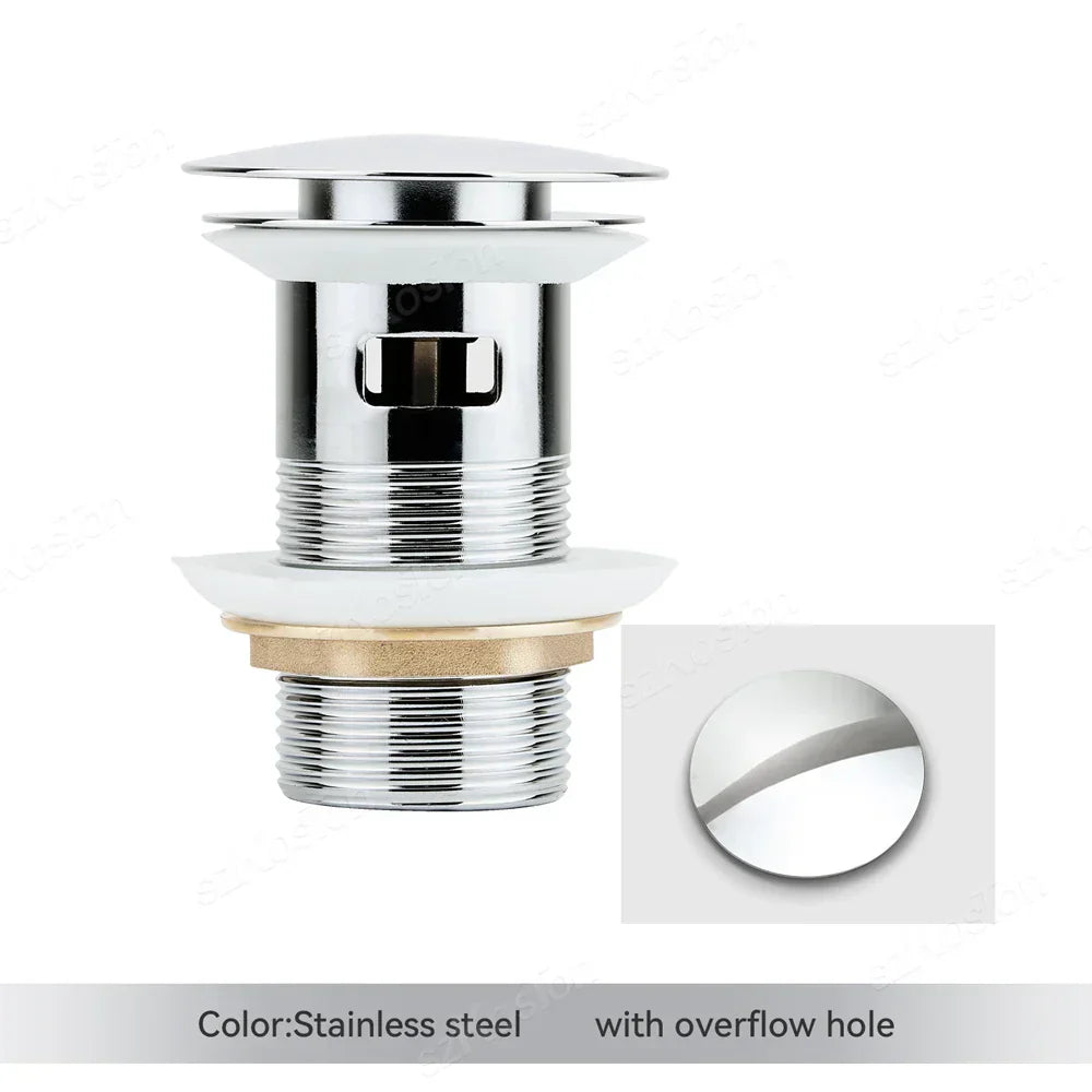 Universal pop-up basin drain plug with overflow, matte black finish, easy to clean