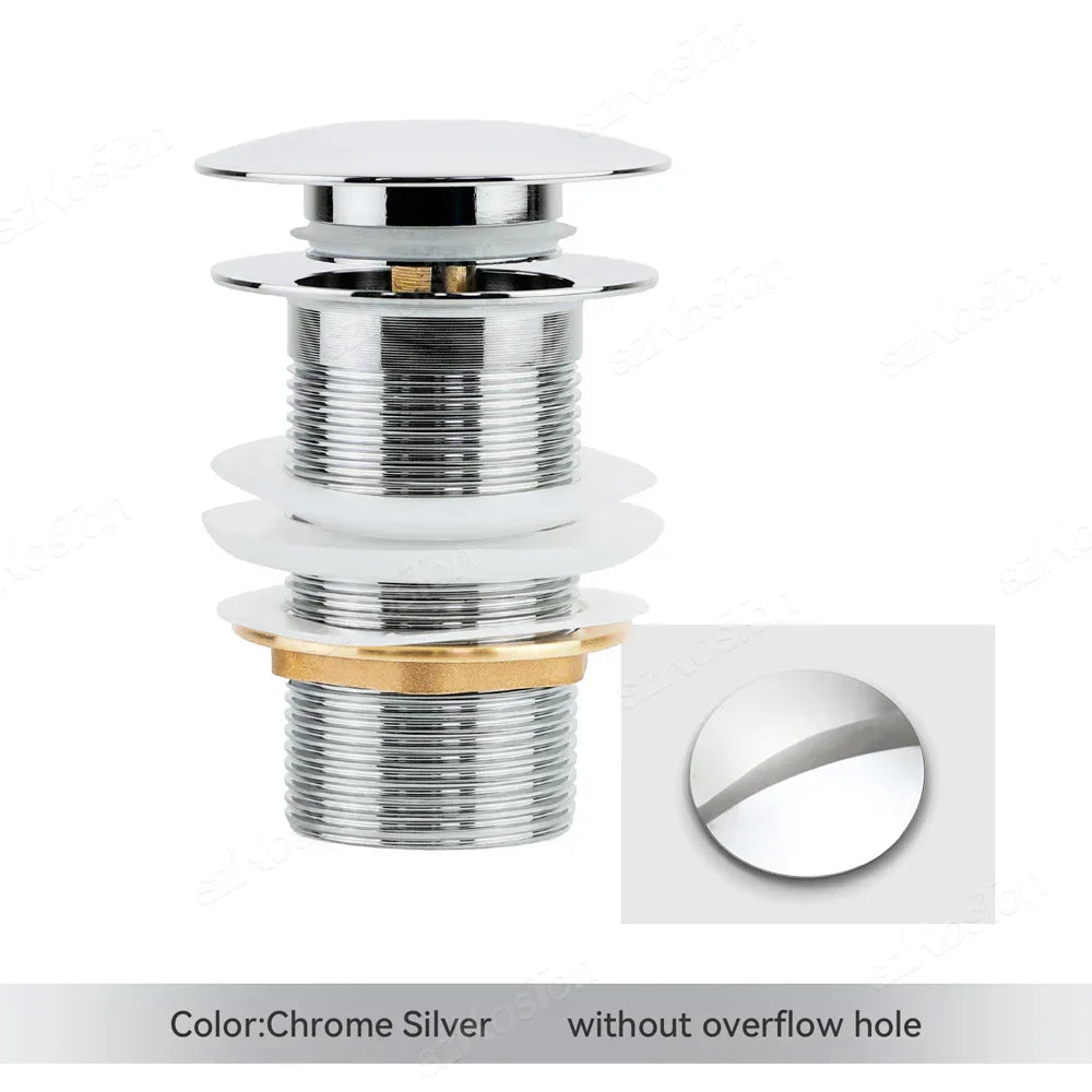 Brushed gold pop-up drain stopper showcasing its overflow port, premium quality