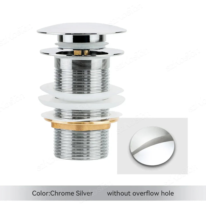 Brushed gold pop-up drain stopper showcasing its overflow port, premium quality