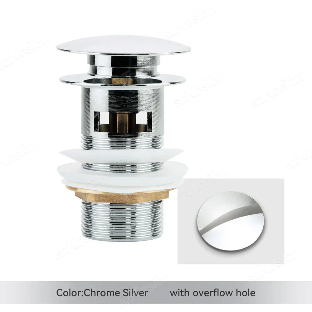 Chrome silver basin drain plug with overflow, compatible with most bathroom sinks