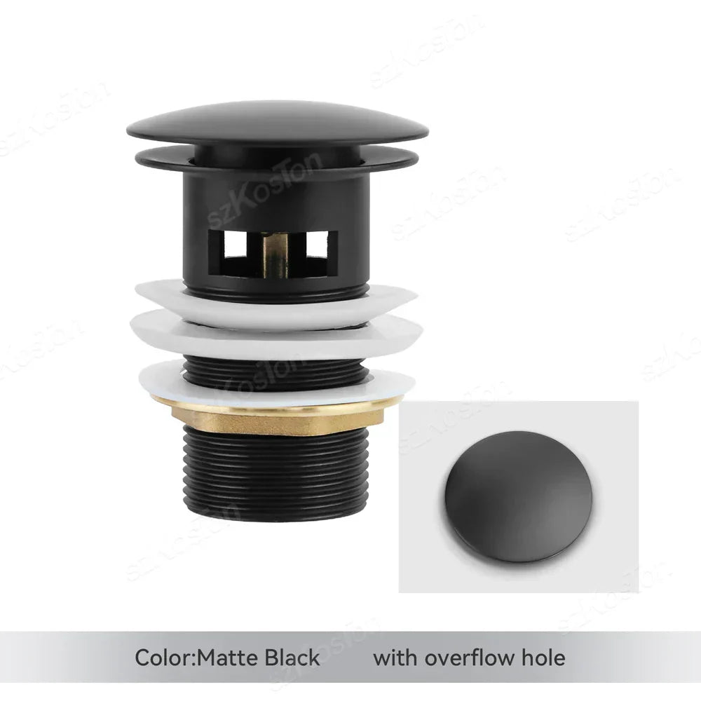 Chrome silver universal pop-up drain plug installed in a white bathroom basin
