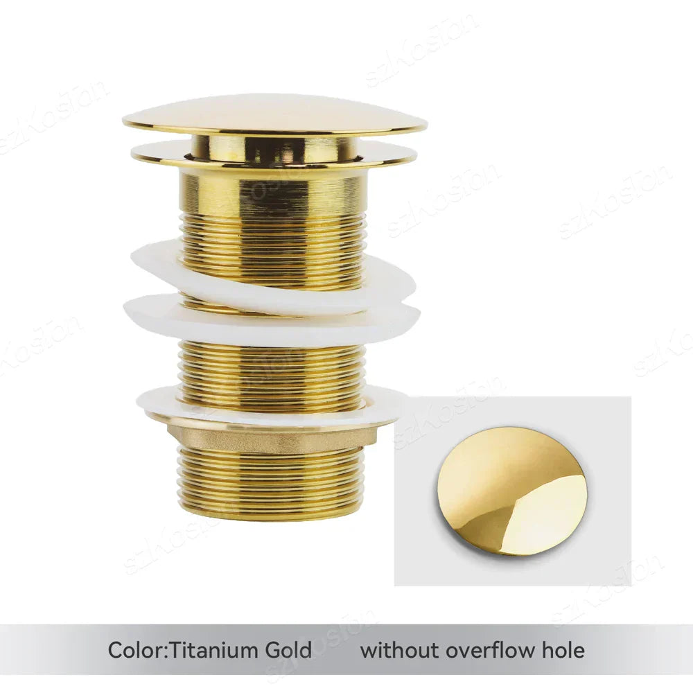 Stainless steel pop-up basin drain plug and overflow, side view, easy installation