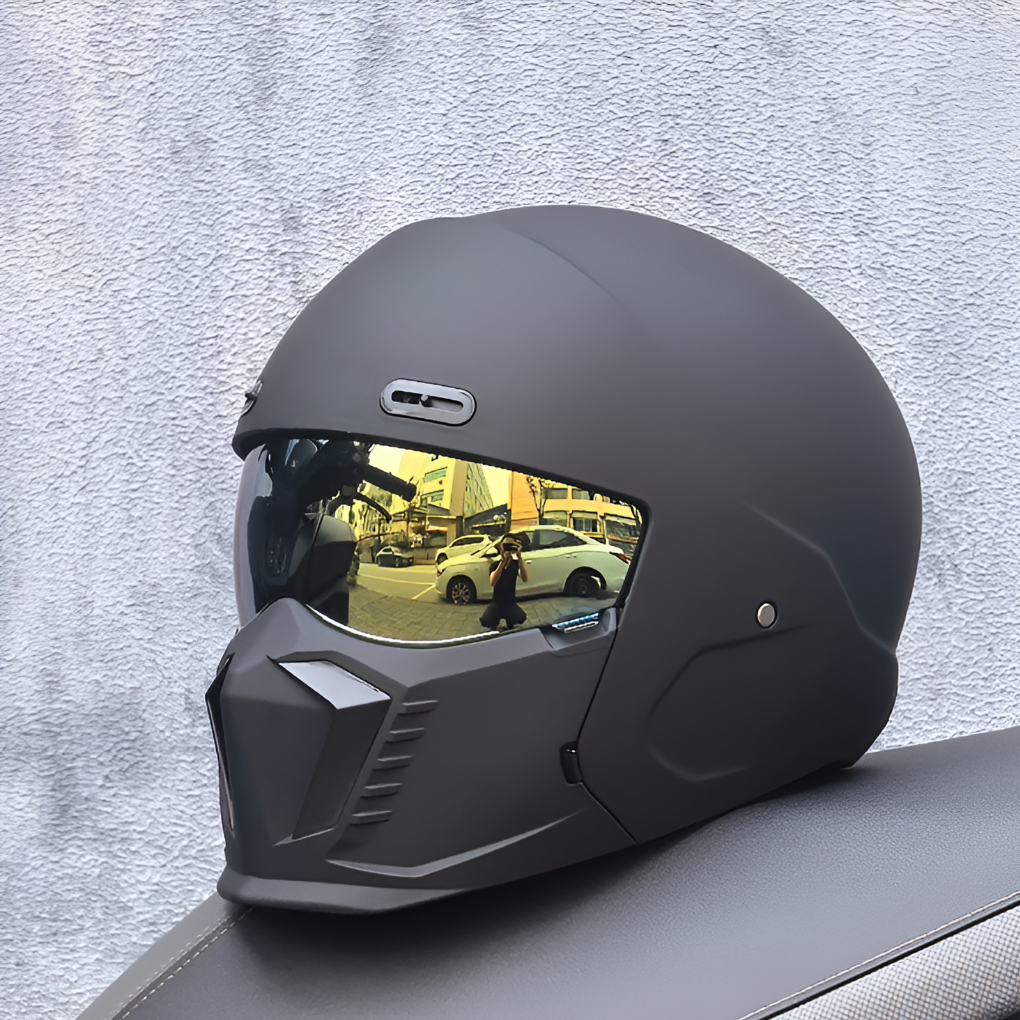 Matte black unisex full face modular motorcycle helmet with advanced ventilation for rider safety & comfort.