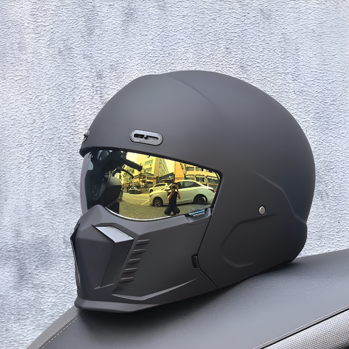 Matte black unisex full face modular motorcycle helmet with advanced ventilation for rider safety & comfort.
