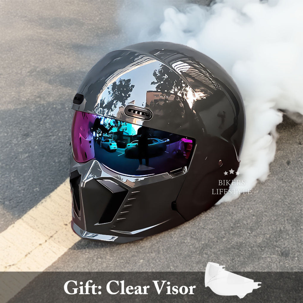 White full face modular motorcycle helmet with a unique green gold lens, providing certified safety.