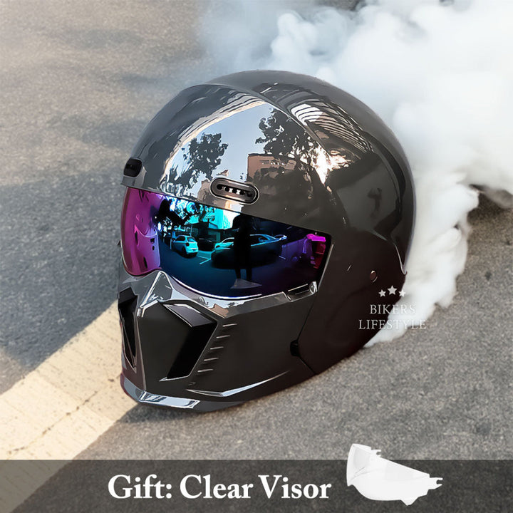 White full face modular motorcycle helmet with a unique green gold lens, providing certified safety.