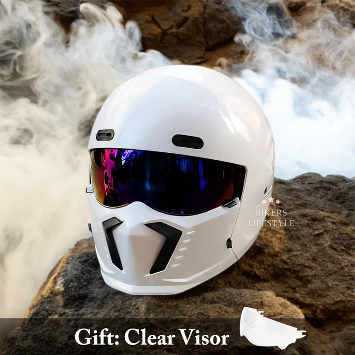 Protective full face modular motorcycle helmet with a dark smoke lens, ideal for all-weather rider gear.