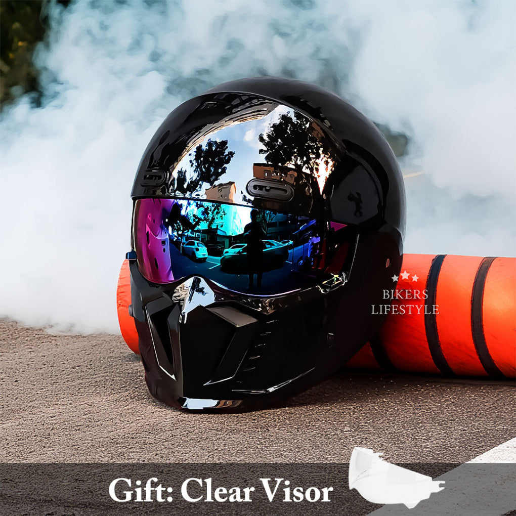 Stylish gray full face modular motorcycle helmet with an optional green gold iridium lens for riders.
