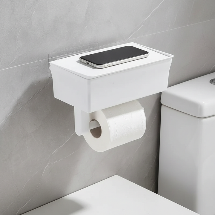 Matte black wall-mounted toilet paper holder with storage shelf for modern bathroom organization.