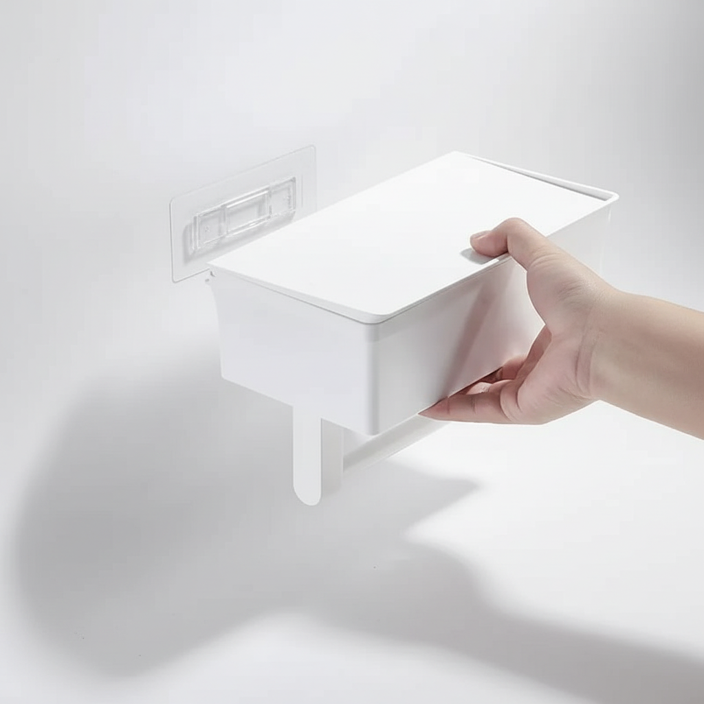 LavoMate no-drill toilet paper holder with top storage for phones or wipes, ideal for small bathrooms.