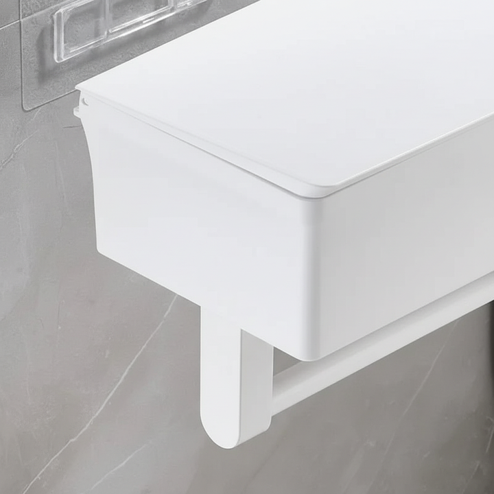 Sleek matte finish wall-mounted toilet paper holder, a stylish bathroom accessory for hygiene storage.