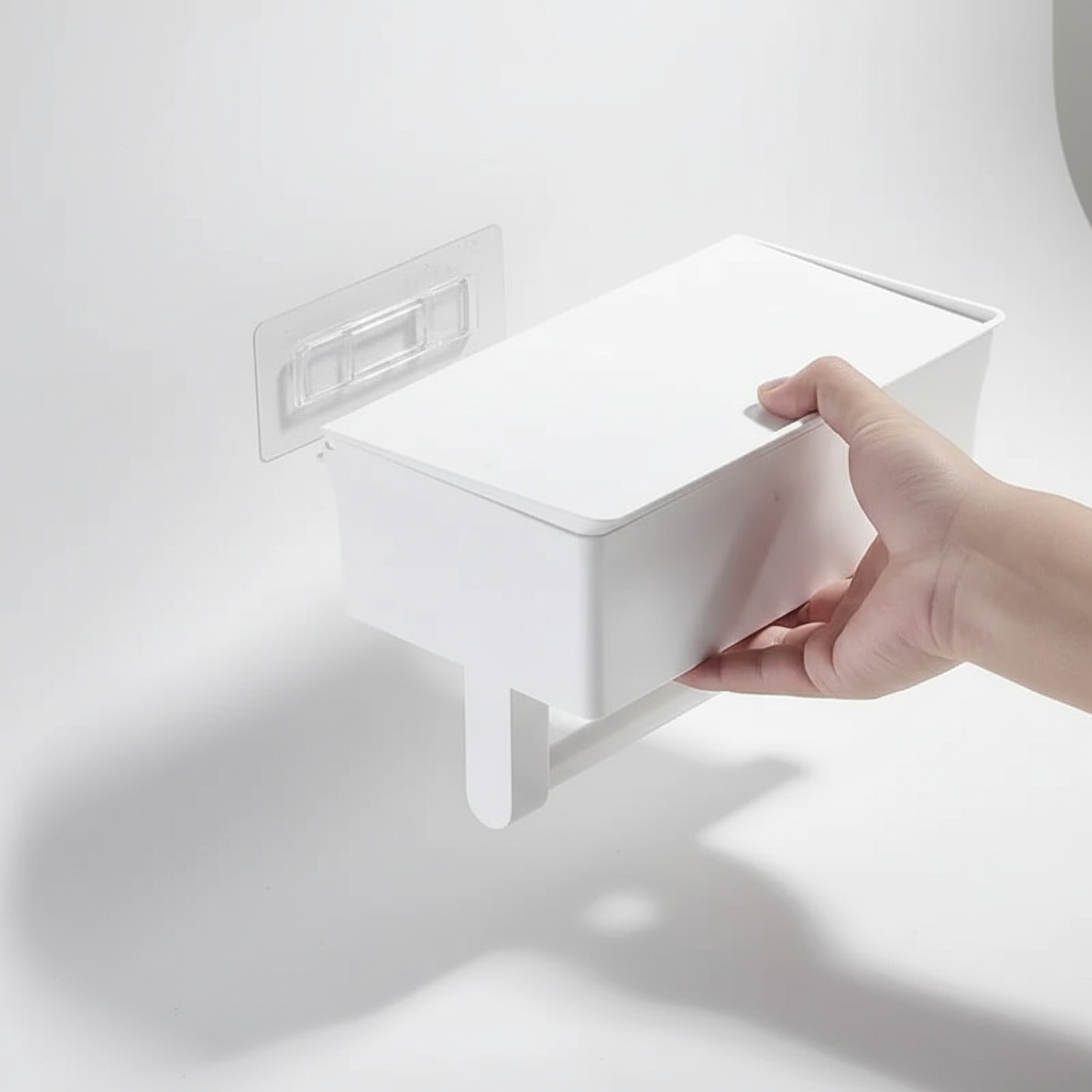 Modern bathroom organizer: wall-mounted toilet paper holder with integrated storage shelf.