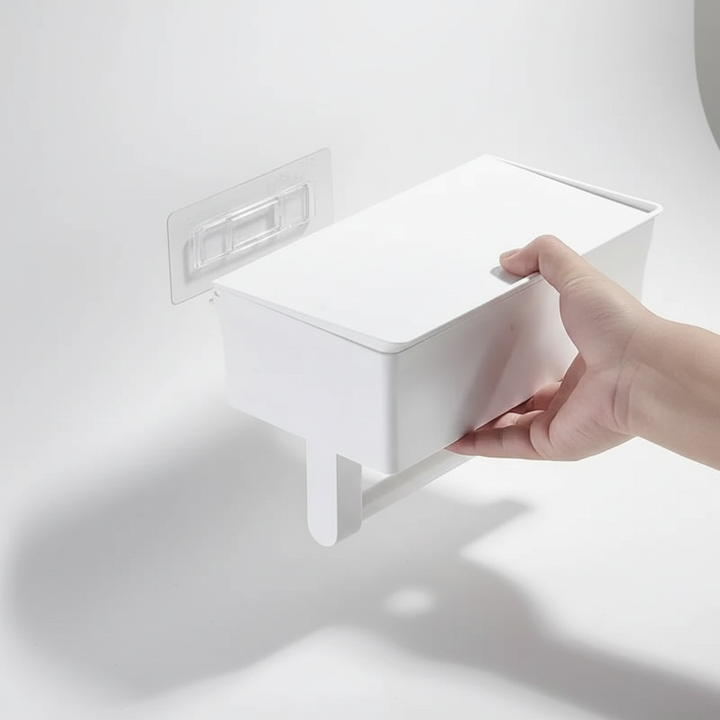 Modern bathroom organizer: wall-mounted toilet paper holder with integrated storage shelf.