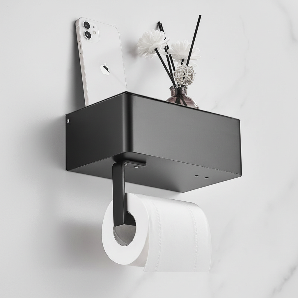 Compact wall-mounted toilet paper dispenser with storage, perfect for maximizing bathroom space.