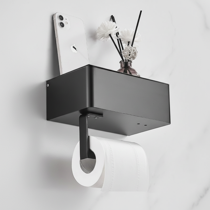 Compact wall-mounted toilet paper dispenser with storage, perfect for maximizing bathroom space.