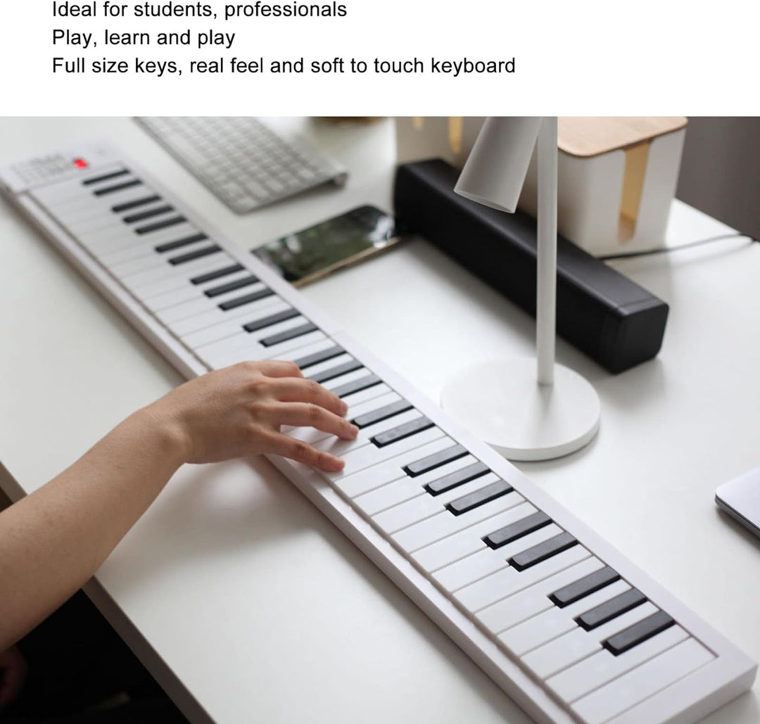 Meliora foldable digital piano set up on a stand, ready for music practice or performance.