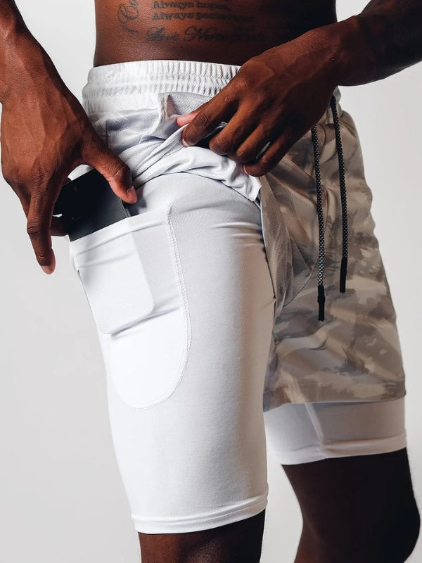 Men's 2-in-1 athletic shorts, black quick dry running shorts for summer workouts.