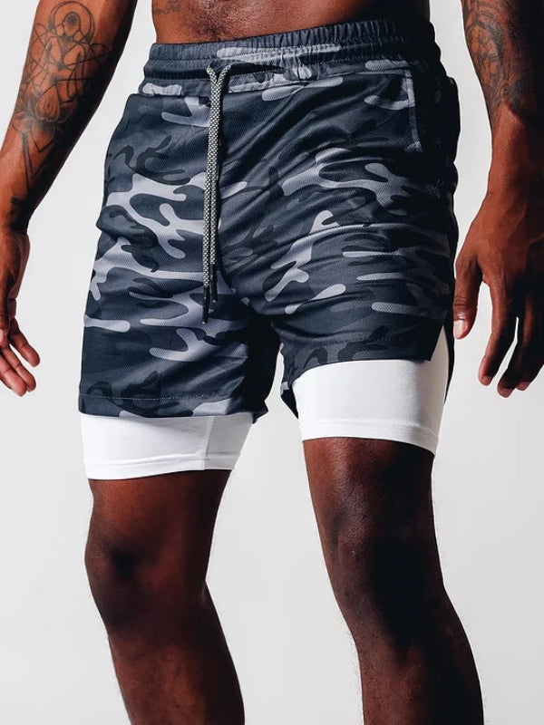 Collection of men's 2-in-1 athletic shorts in various colors, quick dry for summer.