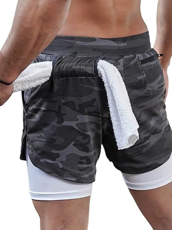 Detailed shot of waistband on men's 2-in-1 athletic shorts, comfortable fit.