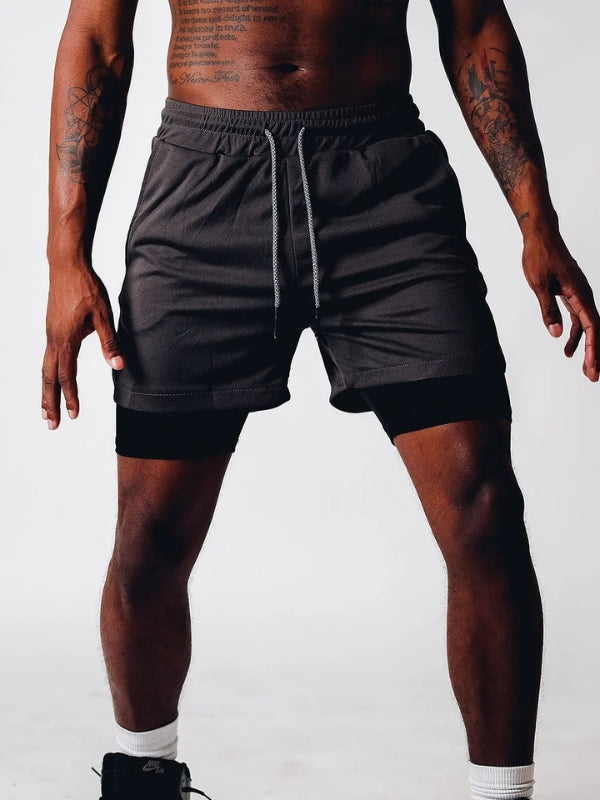 Breathable men's 2-in-1 running shorts, quick dry, perfect for hot weather training.