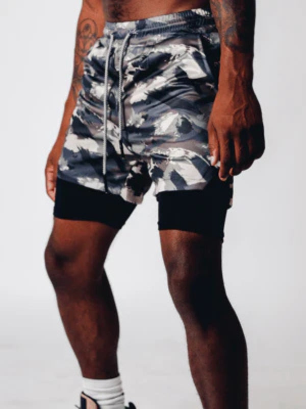Summer workout gear: men's quick dry 2-in-1 running shorts in a dynamic pose.