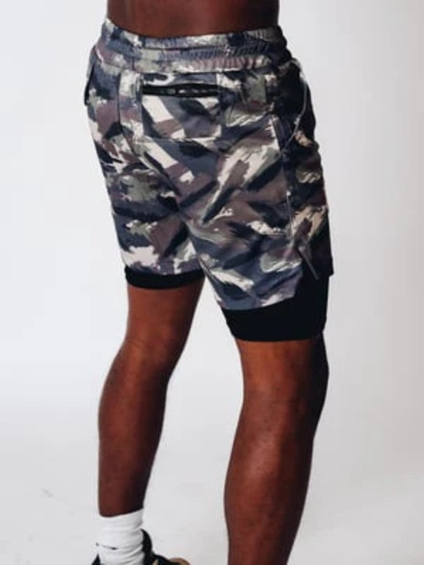 Close up of Felix men's 2-in-1 athletic shorts fabric, showing quick dry texture.