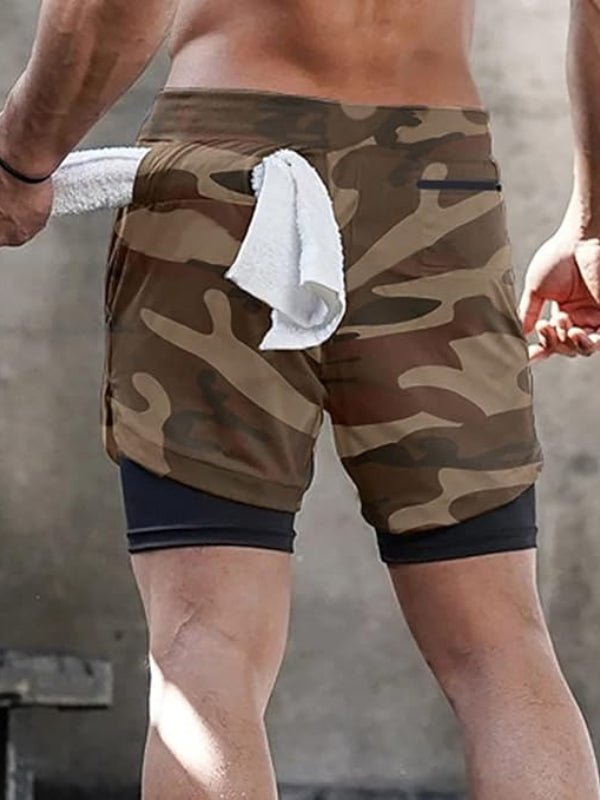 Back view of men's 2-in-1 athletic shorts, quick dry material, for active summer.
