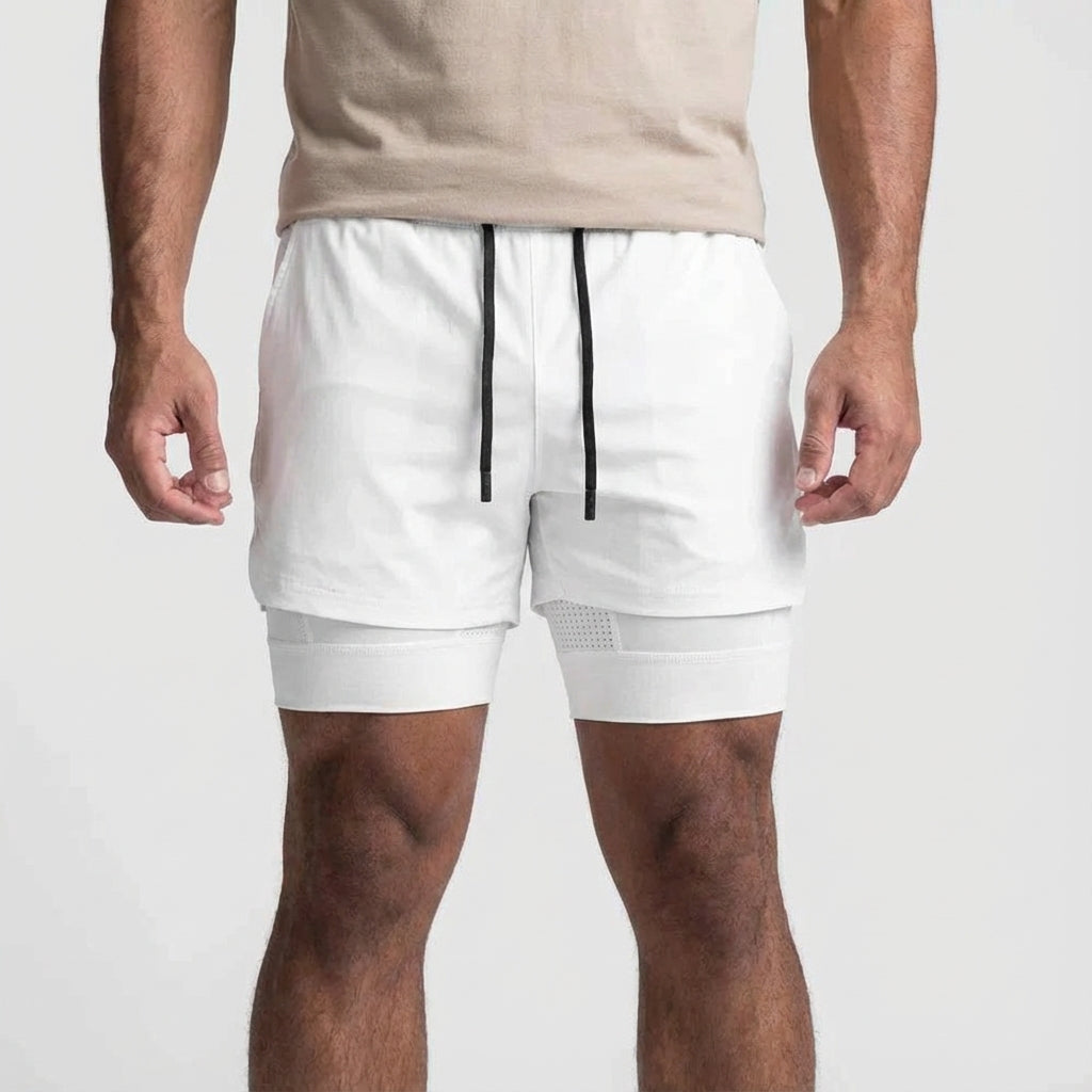 Side view of men's black 2-in-1 training shorts, showcasing inner compression layer.