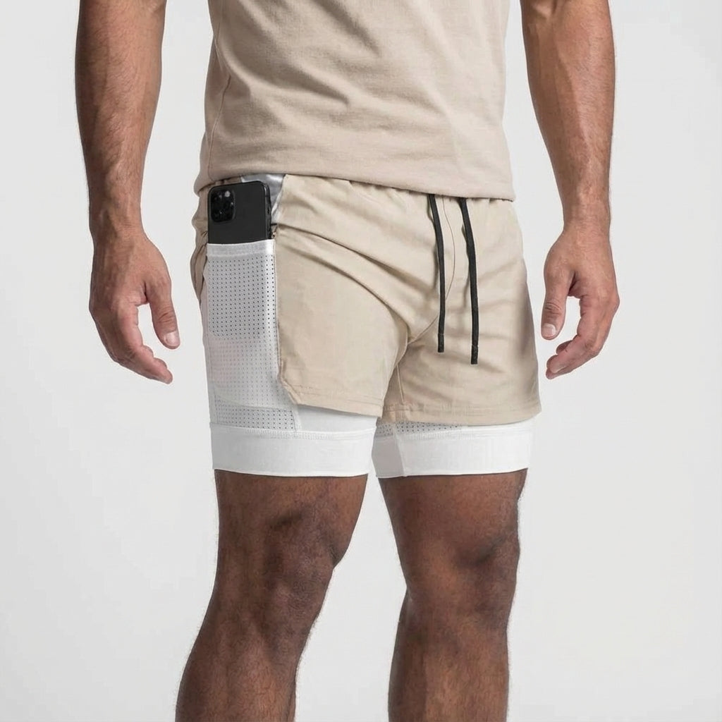 Black 2-in-1 workout bottoms for men, perfect for various athletic activities.