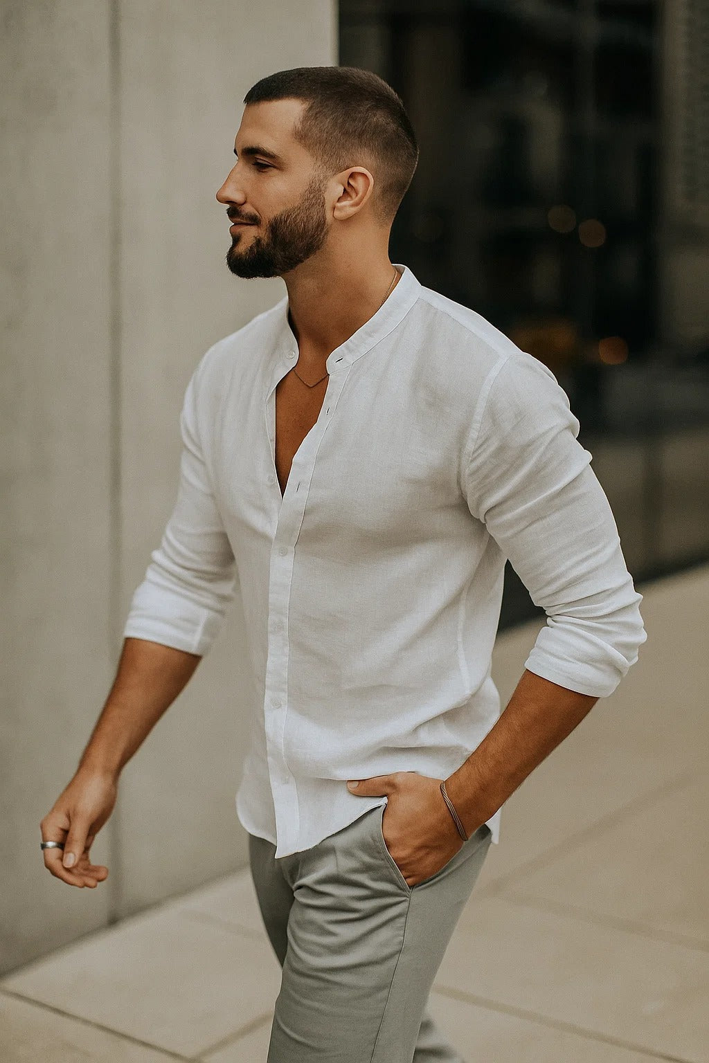 Versatile men's 3/4 sleeve casual shirt, ideal for spring & summer outfits. Comfy, relaxed fit everyday wear.