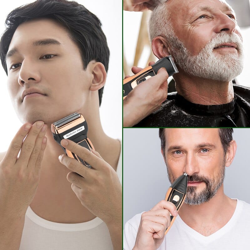 Complete men's grooming kit: precision electric trimmer, shaver, & nose hair remover for all facial hair.