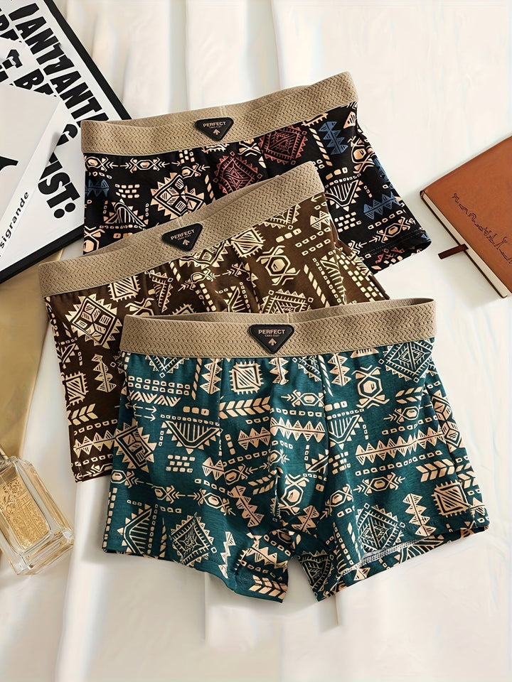 Men's 3-pack Aztec print boxer briefs made from soft, breathable modal spandex for ultimate comfort & support.