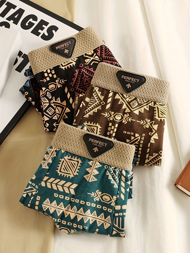 Close-up of vibrant Aztec print pattern on men's comfort boxer briefs, highlighting unique design & soft fabric.