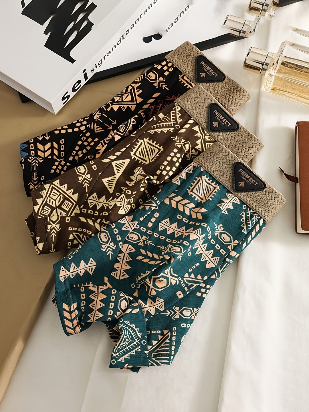 Soft, anti-chafe modal spandex fabric of men's Aztec print boxer briefs, ensuring breathable comfort all day.