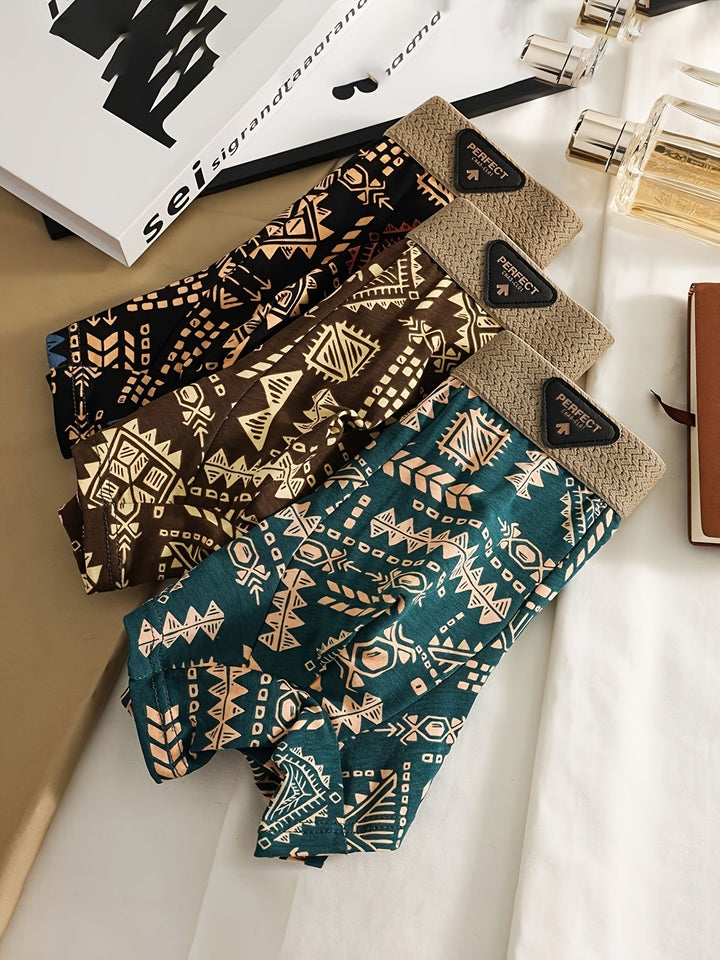 Soft, anti-chafe modal spandex fabric of men's Aztec print boxer briefs, ensuring breathable comfort all day.