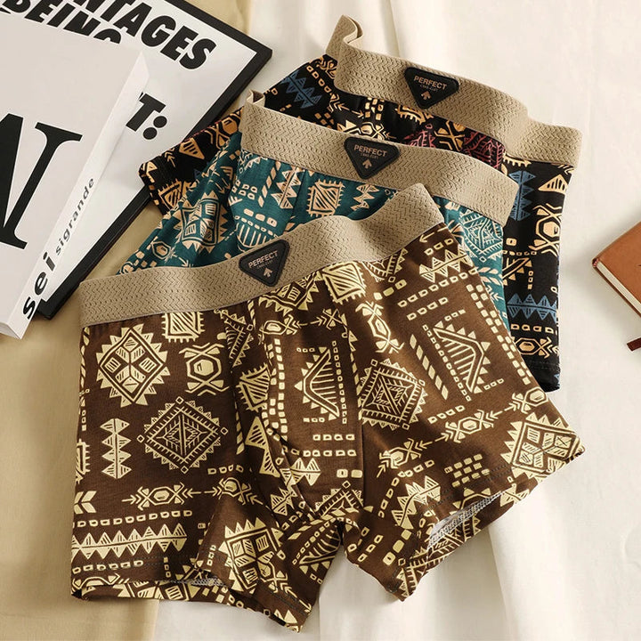 Comfortable elastic waistband on men's supportive Aztec print boxer briefs, designed for a secure, anti-chafe fit.