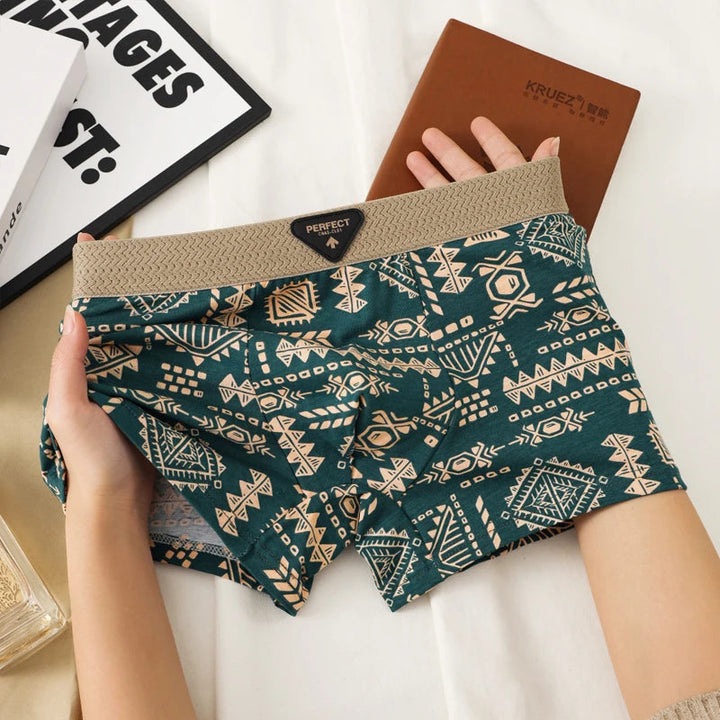 Collection of men's essentials: 3-pack Aztec print boxer briefs in modal spandex, offering breathable anti-chafe comfort.