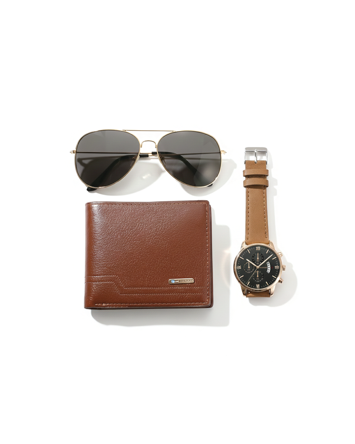 Men's 3-piece gift set: stylish watch, aviator sunglasses, & leather wallet. Perfect fashion accessory for him.