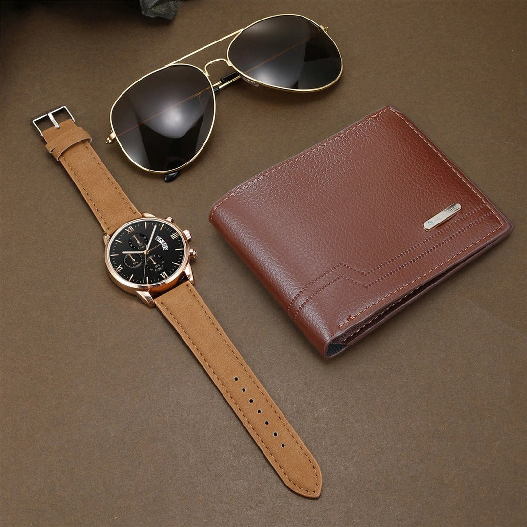 Elegant men's fashion gift set with a modern watch, cool aviator sunglasses, and a practical leather wallet.