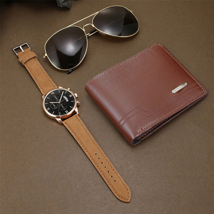 Elegant men's fashion gift set with a modern watch, cool aviator sunglasses, and a practical leather wallet.