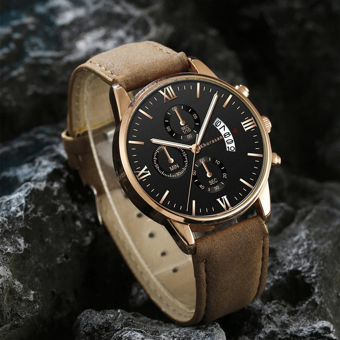 Premium men's gift for him: stylish watch, classic aviator sunglasses, and elegant leather wallet.