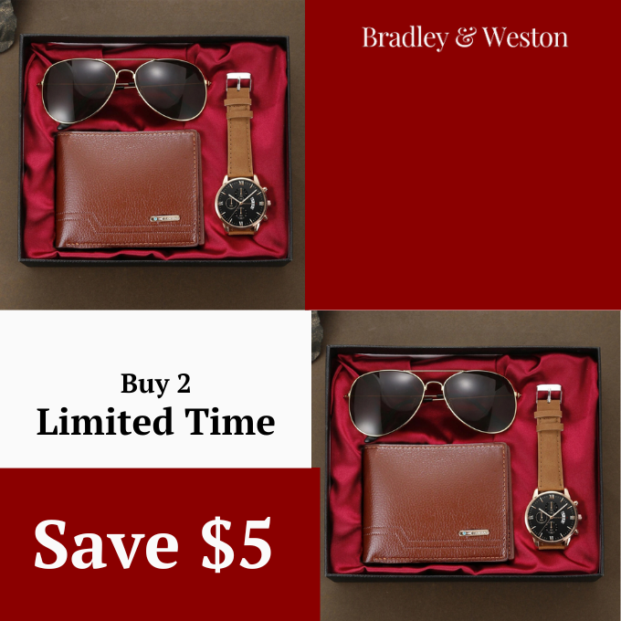 Beautifully presented men's gift set with watch, aviator sunglasses, and a quality leather wallet.