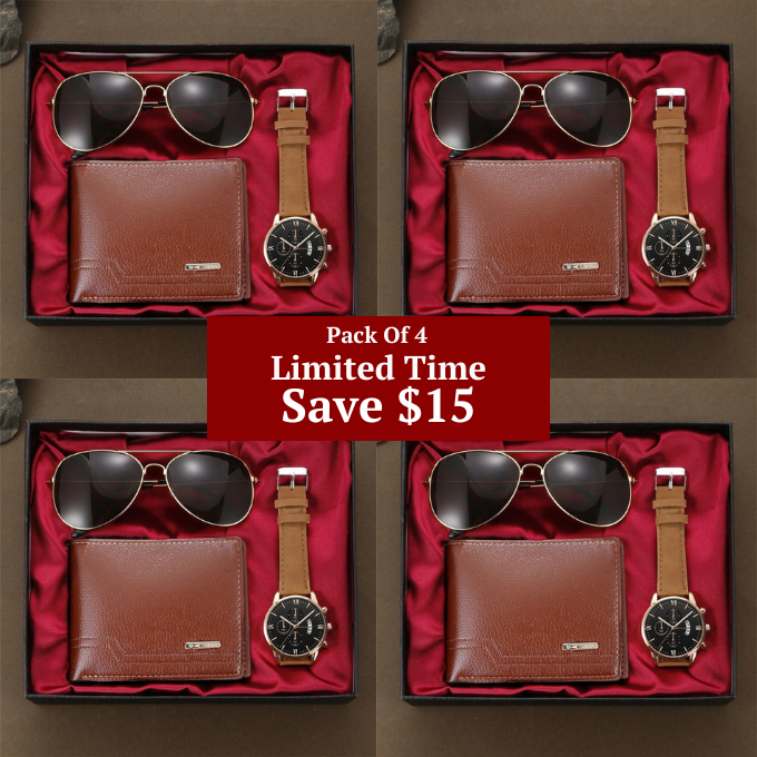 The ideal men's gift set for him: a refined watch, trendy aviator sunglasses, and a durable leather wallet.