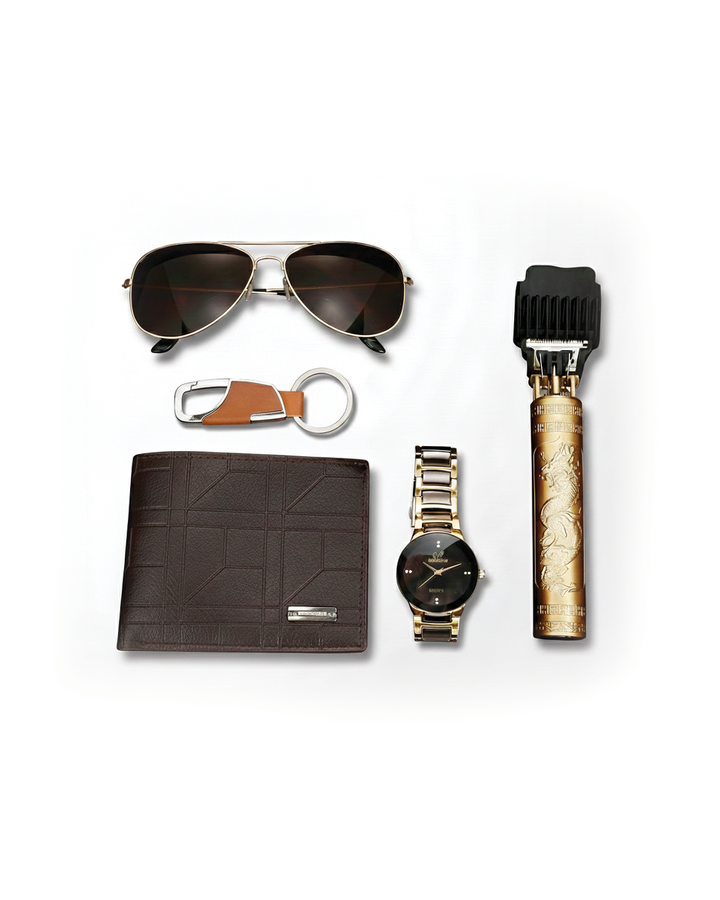 Men's 5-in-1 Ultimate Style Gift Set: watch, wallet, aviator sunglasses, trimmer, keychain.