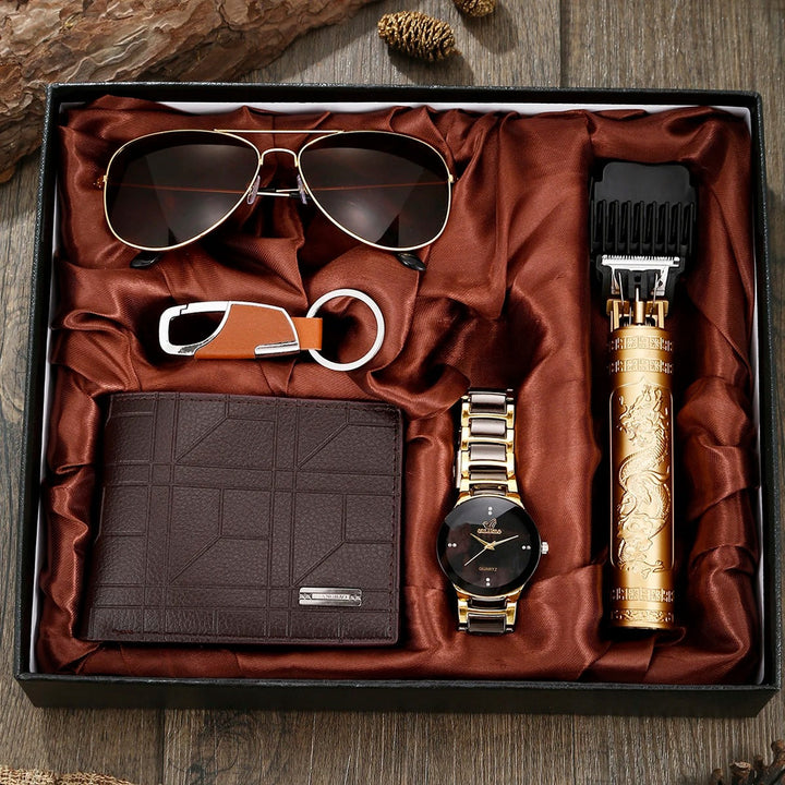 Stylish men's accessory gift set: watch, wallet, aviator sunglasses, grooming trimmer, and keychain.