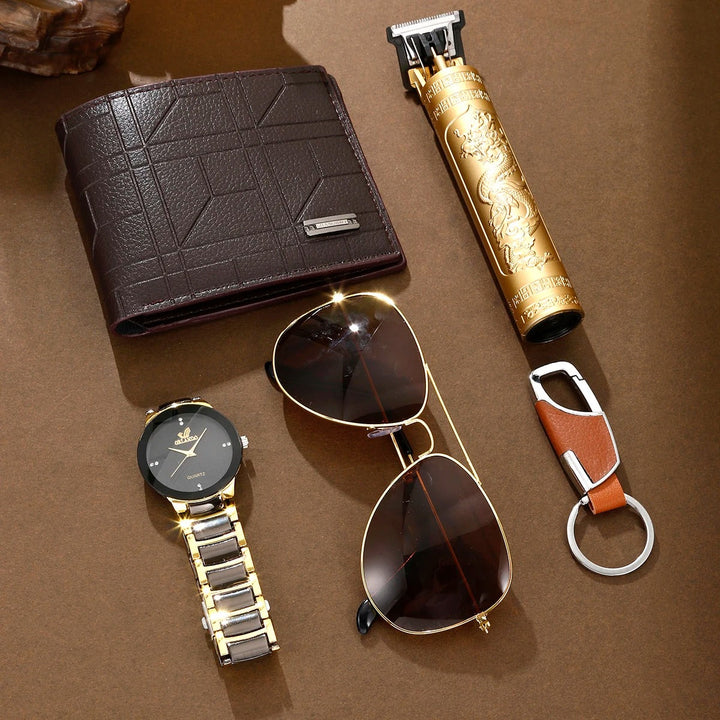 Perfect gift for him! Men's watch, wallet, aviator sunglasses, grooming trimmer & keychain set.