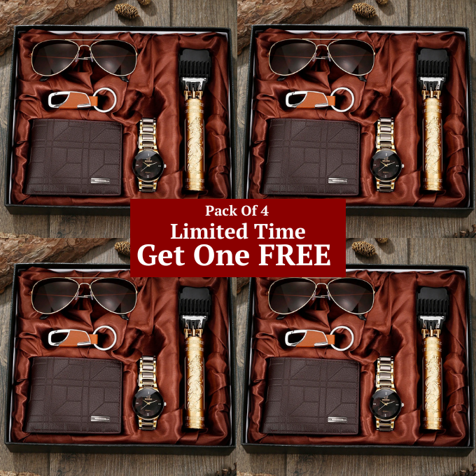 Premium men's gift set: elegant watch, leather wallet, aviator shades, precise trimmer, and keychain.