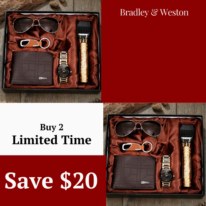 Male fashion gift set: a sophisticated watch, practical wallet, stylish aviator sunglasses, trimmer & keychain.